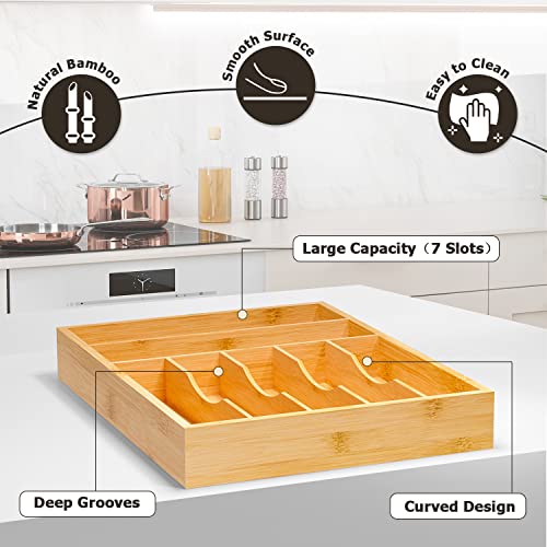 Flatware Organizer Silverware Drawer Organizer - 7 Slots Bamboo Cutlery Tray Multipurpose kitchen Drawer Organizer for Silverware, Utensils, Cutlery, Flatware, Knives W13”x L17” (Yellow) - color: Yellow, size: 7 Slot