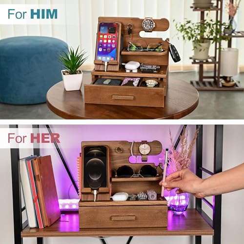 TESLYAR Wood Phone Docking Station with Drawer - Nightstand Organizer - Desk Organizer for Husband - Birthday Gifts for Men, Dad, Anniversary Idea, Key Holder Stand Watch & Accessories (Desert Beige) - color: Desert Beige