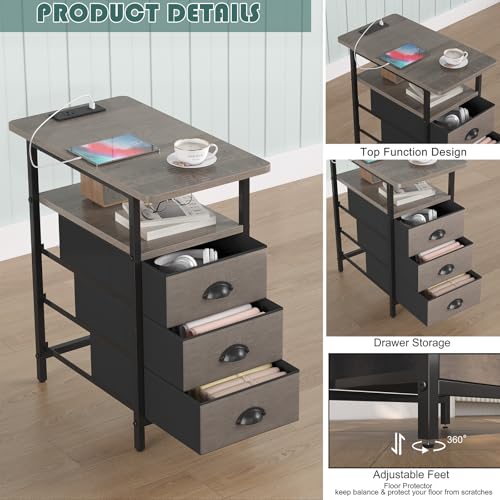 sthmec End Table with Charging Station, Side Tables Livingroom with USB Ports and Outlets,Narrow Nightstands Bedside Tables with 3 Drawers for Small Space,Slim Sofa Table Bedroom,Grey - color: Grey, size: 11.75'' W*21'' D* 24.3'' H, style: Power