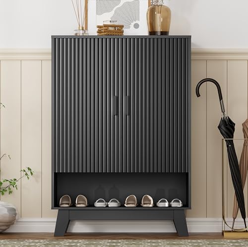 Shoe Cabinet Storage for Entryway, 5 Tier Fluted Shoe Storage Cabinet with Wooden Legs, Narrow Hidden Shoe Organizer with Adjustable Shelves, Freestanding Shoe Rack for Entryway, Hallway, Black - color: Black, size: 5 Tier