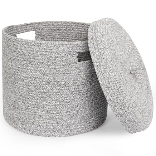 Storage Basket with Lid, Woven Blanket Storage for Living Room, Soft Cotton Rope Bin with Lid, Round Wicker Laundry Basket with Cover, Lidded Kid Dog Toy Box, Nursery Organizer, 15"x13", Gray - color: Gray