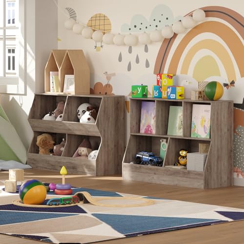 DINZI LVJ Toy Storage Organizer, Kids Bookshelf, Wood Toy Storage Cabinet, 5 Cubby Children Bookcase, 39.4" L Toddler Book Shelf for Playroom, Living Room, Nursery, Hallway, School, Greige - color: Greige, size: 2-Tier 39.4"