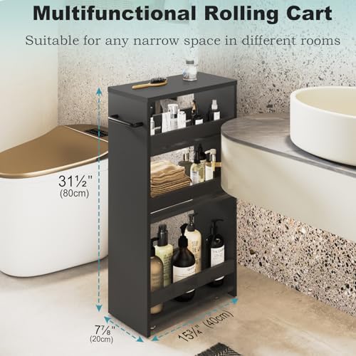 MARTY Rolling Storage Cart 7.9" W, 4-Tier Kitchen Cart with Wheels Handle, Slim Storage Cart Mobile Shelving Utility Carts for Bathroom Laundry Room Organization Narrow Places (All Black) - color: All Black, size: 7.9"D x 15.75"W x 31.5"H