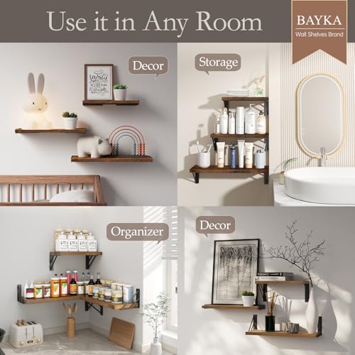 BAYKA Wall Shelves for Bedroom Decor, Floating Shelves for Wall, Display Mounted Rustic Wood Shelf for Books,Plants,Corner Shelves for Bathroom,Kitchen,Living Room(Rustic Brown,Set of 3) - color: C. Rustic Brown Board & Black Brackets, size: 16-inch Mixed