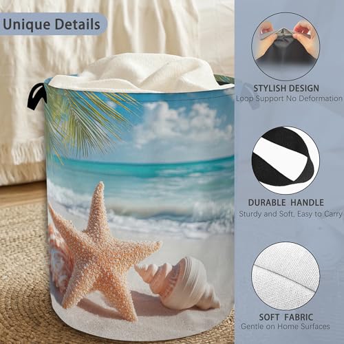 Starfish Shells Laundry Basket,Beach Oxford Cloth Laundry Hamper with Handle Foldable Portable Clothes Storage Basket for Bathroom Bedroom Dorm Room 16" x 20.8" - color: Starfish Shells Beach