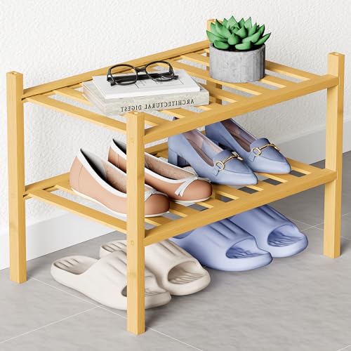 Smiry Bamboo Shoe Rack for Closet, 2 Tier Small Wooden Stackable Shoe Organizer, Free Standing Shoes Storage Shelf for Entryway, Front Door Entrance, Natural - color: Natural, size: 2 Tier - Small