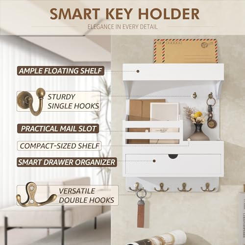 Rebee Vision Key Holder Wall Mount with Drawer Organizer – Pine Wooden Mail and Key Organizer with 6 Sturdy Hooks and Wall Shelf – Modern Living Room Decor for a Modern Home (White) - color: White, style: Large Drawer