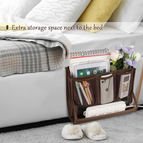 Bedside Storage Organizer with Power Strip Holder and Adjustable Straps Bed Hanging Bag for Home Bunk Bed Dorm Sofa (Brown) - color: Brown