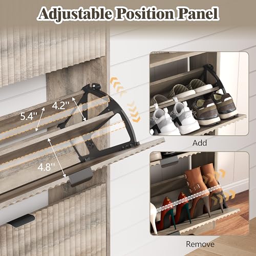Shoe Cabinet Storage for Entryway with 4 Flip Drawers, Fluted Narrow Shoe Organizer with Wooden Legs & Top Cubby, Freestanding Slim Shoe Storage Hidden Shoe Rack for Front Door Entrance, Grey - color: Grey, size: 4 Drawer with Cubby