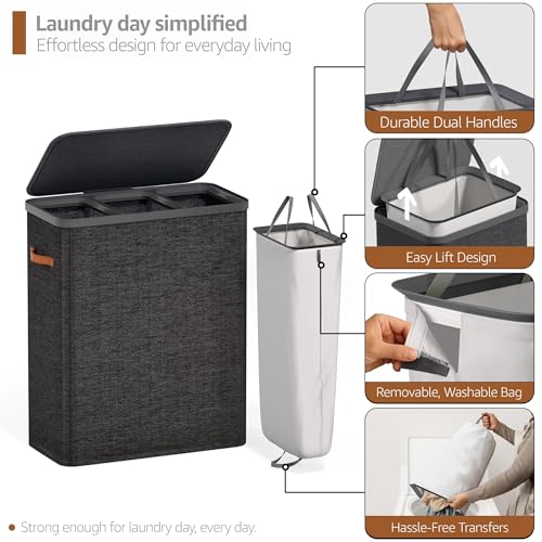 Sorbus Laundry Hamper with Lid - Collapsible 3-Compartment Fabric Laundry Basket with Handles and Removable Laundry Bag – 50 Gallon (190 L) Dirty Clothes Hamper for Bedroom, bathroom and dorm (Black) - color: Black, size: 3 Compartment