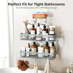 Orimade Adhesive Shower Caddy Soap Dish Holder Shelf with 5 Hooks Bathroom Organizer Basket Kitchen Storage Rack Wall Mounted No Drilling Stainless Steel - 3 Pack, Light Blue Grey - color: Light Blue Grey - 3 Pack