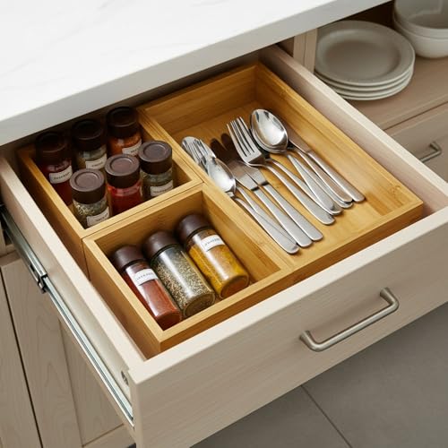 Bamboo Drawer Organizer 11.8x5.9x2.4 Inch | Rectangle Drawer Divider & Utensil Tray for Kitchen, Bathroom, Office, Makeup & Jewelry - size: 11.8"D x 5.9"W x 2.4"H