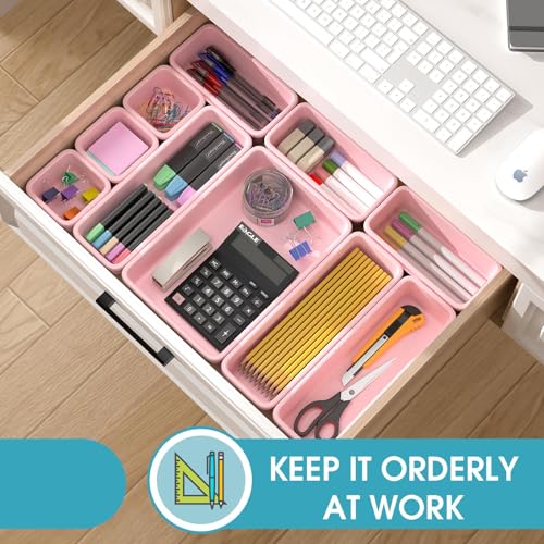 33 PCS Drawer Organizer Set, 4 Size Makeup Drawer Divider Organizer With Non-Slip Pads, Interlocking Plastic Storage Bins for Office,Jewelry Vanity,Gadgets, Bathroom,Kitchen, Pink - color: Pink, size: 33Pack