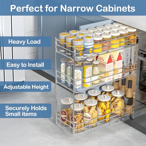 ROOMTEC Pull Out Spice Rack for Narrow Cabinet (8" W X 20½" D),3 Tier Heavy Duty Sliding Spice Cabinet Organization Shelf Racks, Pull Out Shelves Under Cabinet Storage for Kitchen - size: 8" W x 20½" D, 3 Tier, Heavy Duty