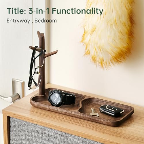 Solid Wood Key Holder with Tray, Black Walnut Key Tray & 3-Tier Jewelry Stand - Entryway Key Bowl Organizer for Keys, Wallet, Phone, Watch, Rings, Bracelets | Wooden Key Holder (11.8"x4.7"x8.3")