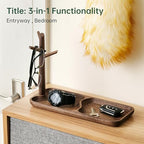 Solid Wood Key Holder with Tray, Black Walnut Key Tray & 3-Tier Jewelry Stand - Entryway Key Bowl Organizer for Keys, Wallet, Phone, Watch, Rings, Bracelets | Wooden Key Holder (11.8"x4.7"x8.3")