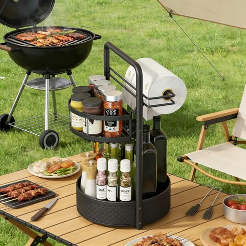 Rotating Spice Rack with Paper Towel Holder, 2 Tier Turntable Lazy Susan, Seasoning Organizer for Kitchen Countertop Cabinet, Black - color: Black