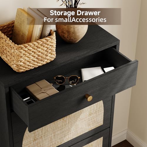 Shoe Storage Cabinet for Entryway, Slim Shoe Rack with 2 Flip Drawers and Top Storage Drawer, Narrow Shoe Organizer with Arched Rattan Accent, Entryway Shoe Storage for Size 13.5 Shoes, Black - color: Ebony Black, style: 2 Flip Drawer & Top Drawer