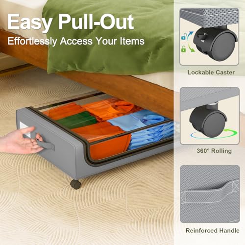 GoMaihe Under Bed Storage with Wheels: 70L Underbed Storage Containers with Lids - Rolling Bins for Shoes Clothes in Dorm Bedroom - Metal Drawers Easy Pull-out Grey 2-Pack - color: Grey, size: Extra Large(2Pack)