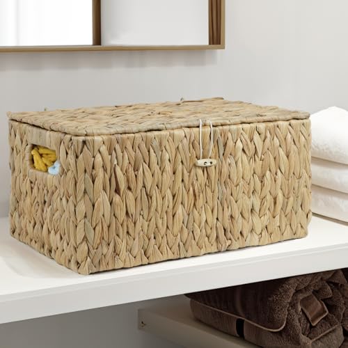 ORDELITE Large Wicker Basket with Lid, Rectangular Water Hyacinth Storage Baskets for Organizing, Woven Basket for Storage, Decorative Boxes Bins with Lids Home Organizer Decor - size: 14.2" x 9.4" x 7"