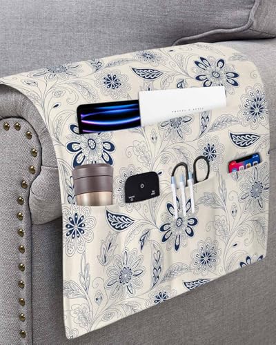 Sofa Armrest Organizer Bedside Caddy, Vintage Blue Floral Non Slip Couch Remote Control Holder for Recliner, Rustic Abstract Flower Burlap Arm Chair Caddy with Pocket for Magazine Phone, 19.7"x35" - color: Navy, size: 19.7x35 in