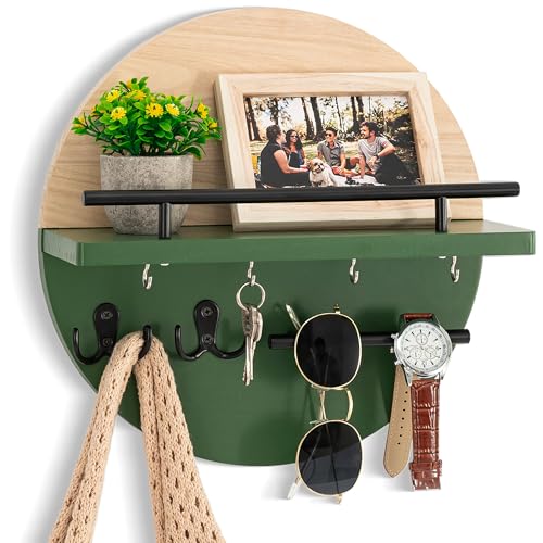 dreampossible Key Holder for Wall Decorative with Shelf and Hooks, Mail Organizer Wall Mount with Sunglasses Holder, Circular Design Entryway Key Rack Hanger, Rustic Home Decor - color: Light brown&Green