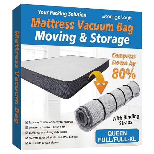 Storage Logic Foam Mattress Vacuum Bag with 4 Adjustable Packing Straps for Moving, Storage, Shipping, Vacuum Seal Mattress Bag with Packaging Straps (Queen/Full/Full-XL) - size: Queen/Full/Full-XL