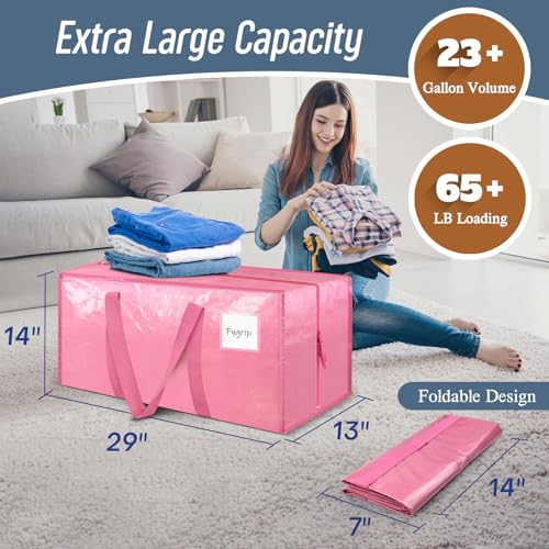 12 Pack Extra Heavy Duty Large Moving Bags with Strong Zipper & Comfortable Handles, Sturdy & Durable Clothes Storage Bags Totes Bins, Packing Moving Boxes for College Supplies, Pink - color: Pink, size: 12 Pack