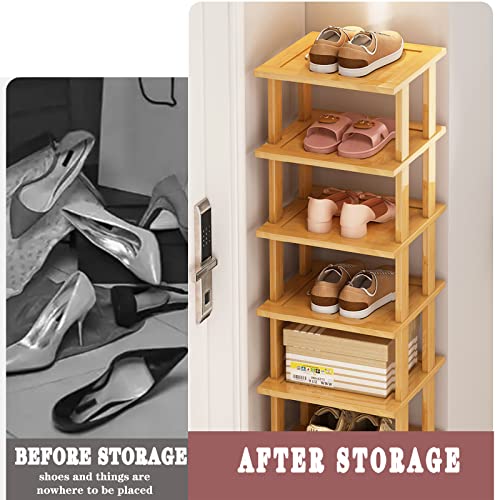 Bamboo Shoe Rack - Vertical Shoe Rack for Small Spaces, Tall Narrow Shoe Rack Organizer for Closet Entryway Corner Garage and Bedroom,Skinny Shoe Shelf Free Stackable DIY - Space Saving Storage - color: Original Color, size: 7-tier