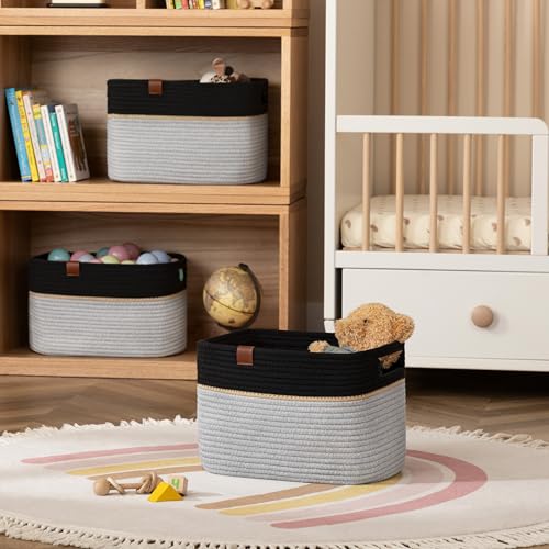 UBBCARE 4 Pack Baskets for Organizing, Woven Storage Baskets with Label for Toys and Towel, Rectangle Cotton Rope Basket with Handles, 14''L x9''W x8''H, Black&Grey - color: Black&Grey, size: 4 Pack - 14 X 8 X 9 Inches
