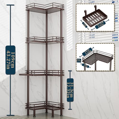 Consumest Corner Shower Caddy Standing - 4-Tier Stainless Steel Shower Organizer with Soap Holder and 4 Hooks, Large Capacity Corner Shelf Stand for Bathroom, Rest Room, Bronze - color: Bronze, size: 4 Tier