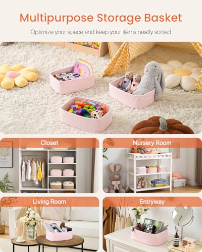 Small Woven Basket, 12 x 8 x 4.5 Inches, Storage Basket for Organizing, Cute Small Rope Shelf Closet Cube Storage Bins Baskets for Shelves, Dog Toy Gift Baskets Empty, 3 Pack Light Pink - color: Light Pink, size: 12"L x 8"W x 4.5"H