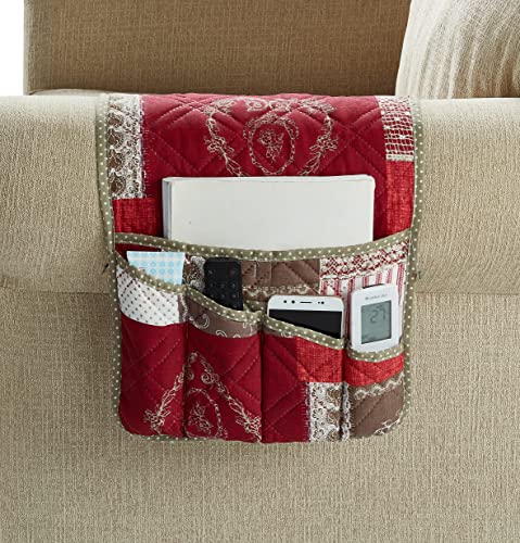 Brilliant Sunshine Burgundy Floral Patchwork Couch Armrest 5 Pockets Organizer, Slip Resistant Armchair Caddy, Washable Remote Controls Holder, Storage for Magazine, Tablet, iPad, 35×13", Burgundy - color: Burgundy