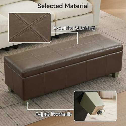 WUTUTUEE 51" Faux Leather Storage Ottoman, Stitch Tufted Rectangle Upholstered End of Bed Storage Bench, Entryway Large Couch Ottoman with Wooden Legs, Coffee - color: Coffee, size: 51 Inch