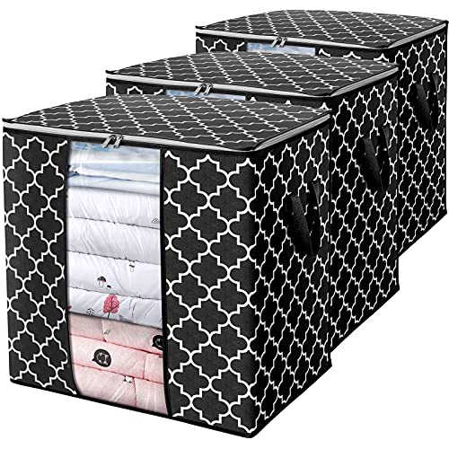 WISELIFE Storage Bags [3 Pack/100L] Large Blanket Clothes Organization and Storage Containers for Comforters,Bedding, Foldable Organizer with Reinforced Handle, Clear Window, Sturdy Zippers,Black - color: Black, size: 3 x 100L