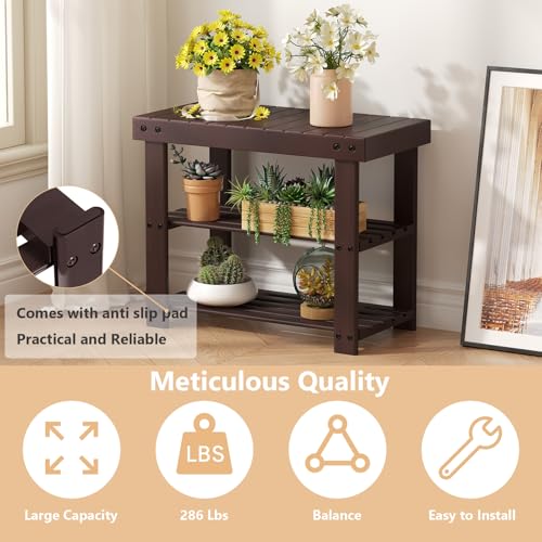 Sweetcrispy Shoe Rack Bench, 3-Tier Bamboo Entryway Storage Organizer, 286lb Capacity, Shoes Stand for FrontDoor Entrance, Bedroom, Living Room, Bathroom, Balcony, 19 Inches Length, Brown - color: Brown, size: 19 inches WIdth