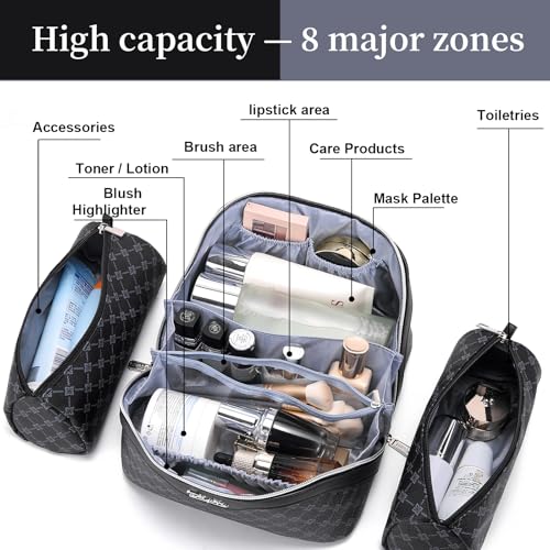 BOYATU Travel Makeup Bag Cosmetic Bags for Women: 3 Pcs Set Large Capacity Make up Bag with Handle - Vegan Leather Toiletry Bags with Compartments - Makeup Organizer for Travel Essentials(A-7-Black) - color: A-7-Black