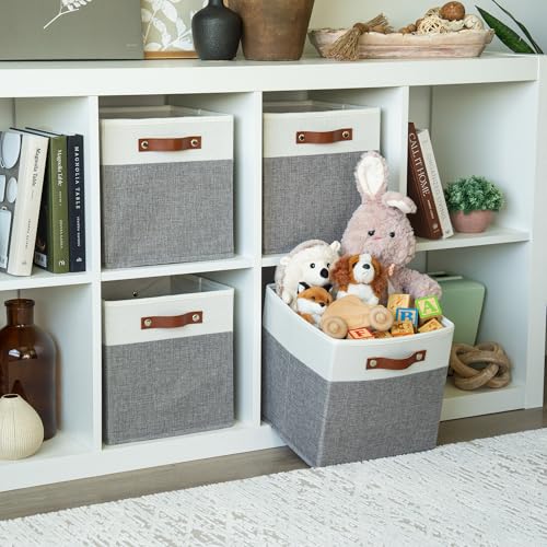 OrganiHaus 11" x 11" x 11" Fabric Cube Storage Bins Set of 4, Foldable Collapsible Canvas Storage Bins for Organizer, 11 inch Cubbies Organizer for Kallax, Linen Cube Shelf Baskets - Grey/White - color: Gray Base / Off-White, size: (11x11) Leather Handles