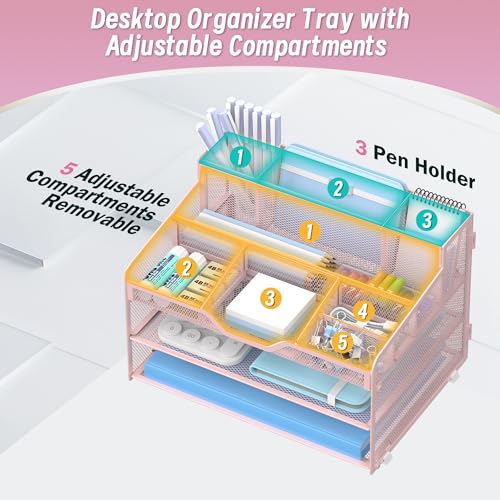 3 Tier Mesh Desk Organizer,Multi Functional Letter Paper Tray with 3 Pen Holders and 5 Adjustable Storage Compartments for Office Supplies Files and Mail Space Saving Desktop Organizer-Pink - color: 3 Tier-pink