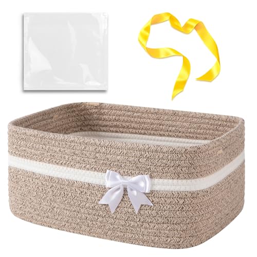 OIAHOMY Large Woven Storage Basket with Handles for Nursery Living Room Shelves, Bow Basket for Gifts Empty with Gift Bags and Ribbons for Baby Showers Pet Toy Bin - Brown & White - color: Brown & White