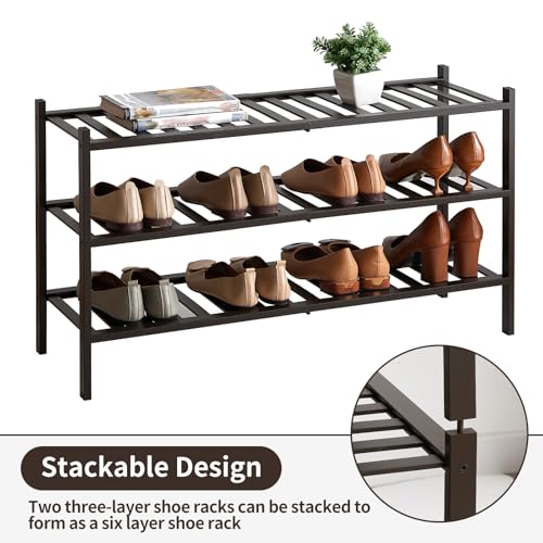 Long Shoe Rack, 3-Tier Bamboo Stackable Shoe Shelf Storage Organizer, Shoe Stand for Closet, Entryway and Hallway - color: Brown, size: 3-Tier-Long