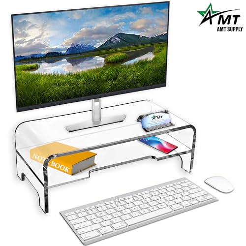 AMT Clear Acrylic Monitor Stand Riser 2 Tier, 5.5 Inches High Clear Computer Desk Organizer Shelf for Multi Media PC Storage Laptop