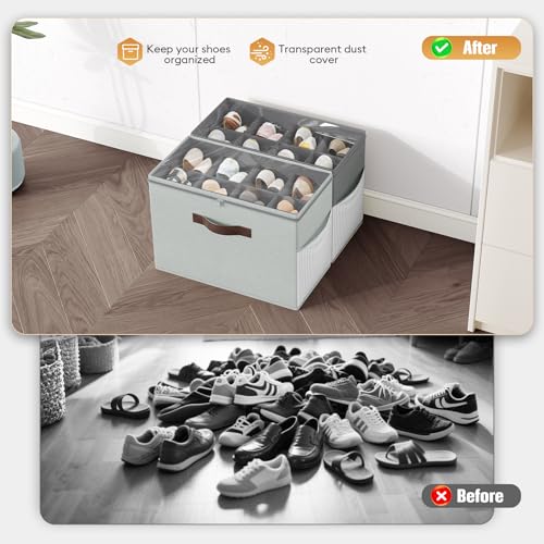 Budding Joy 2 Pack Shoe Organizer for Closet, Clear Foldable Shoe Storage Containers Adjustable Dividers Fits 16 Pairs,Shoe Storage Bins Baskets Boxes with Reinforced Handles Light Grey Greenish Grey - color: Light Gray + Green Gray