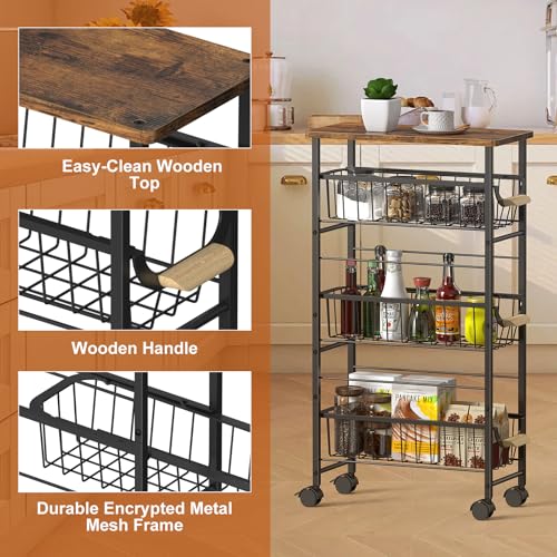 4-Tier Slim Rolling Cart with Pull-Out Baskets & Wooden Top Narrow Mobile Storage Organizer, Multipurpose Utility Cart with Handle for Small Spaces, Kitchen, Bathroom, Laundry Room, Office, Brown
