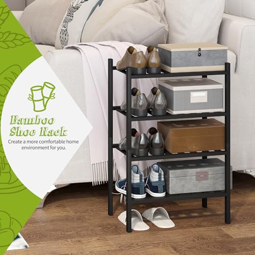 BMOSU 4-Tier Bamboo Small Shoe Rack Premium Stackable Shoe Shelf Storage Organizer for Hallway Closet Living Room Entryway Organizer (Black Bamboo) - color: Black Bamboo, size: Small-4-Tier（17*11*25.2inches）