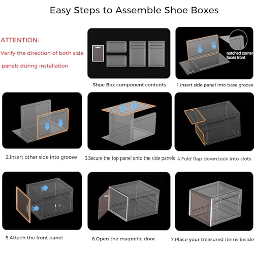 XL Large Stackable Shoe Boxes - Clear Plastic Shoe Storage Boxes with Magnetic Door, Thicken Shoe Organizer for Closet, Space Saving Foldable Shoe Containers Bins for Sneaker Boot - 6 Pack(White) - color: White