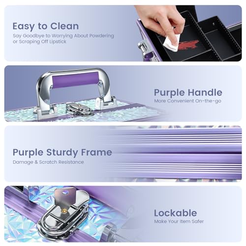 FRENESSA Makeup Case Organizer Makeup Box Cosmetic Train Case Portable Make Up Artist Travel Case Storage Box 4 Trays with Dividers Lockable Hard Train Case Nail Tech Supply Storage Shiny Purple - color: Shiny Purple