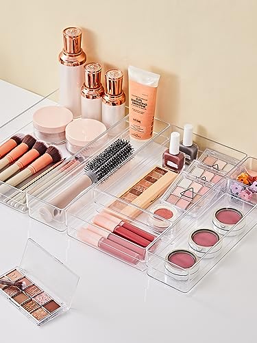 SMARTAKE 20-Piece Drawer Organizer with Non-Slip Silicone Pads, 7-Size Desk Drawer Organizer Trays Storage Tray for Makeup, Jewelries, Utensils in Bedroom Dresser, Office and Kitchen (Clear) - size: 20 PCS