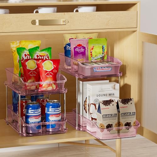 Delamu 2-Tier Under Sink Organizers and Storage, Multi-Purpose Stackable Bathroom Cabinet organizers, Pull Out Kitchen Pantry Organization and Storage with Dividers(2 Pack, Pink) - color: Pink, size: 2 Pack