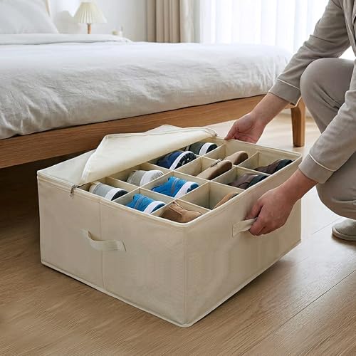 Under Bed Shoe Storage Organizer 16 Compartment, Foldable Shoe Organizer Under Bed with Clear PVC Lid, Shoe Storage Box with Zipper & Handle for Closet Bedroom, Off White, Pack of 2 - color: Off White